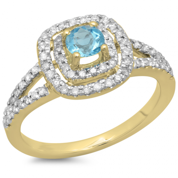 0.80 Carat (ctw) 10K Yellow Gold Round Blue Topaz & White Diamond Ladies Split Shank Engagement Halo Bridal Ring 3/4 CT