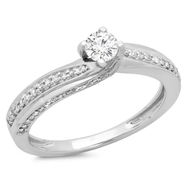 0.50 Carat (ctw) 14K White Gold Round White Diamond Ladies Swirl Promise Solitaire With Accents Engagement Ring 1/2 CT