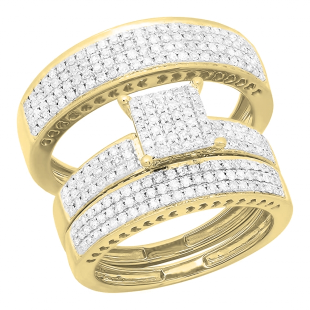 1.10 Carat (ctw) 14K Yellow Gold Round White Diamond Ladies & Mens His Hers Bridal Micropave Engagement Ring Trio Set Band 1 CT