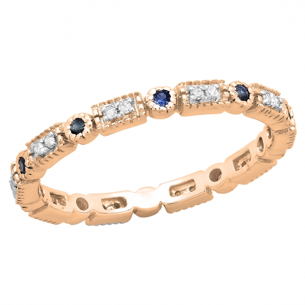 0.25 Carat (ctw) 10K Rose Gold Round Blue Sapphire And White Diamond Ladies Vintage Style Anniversary Wedding Eternity Band Stackable Ring 1/4 CT