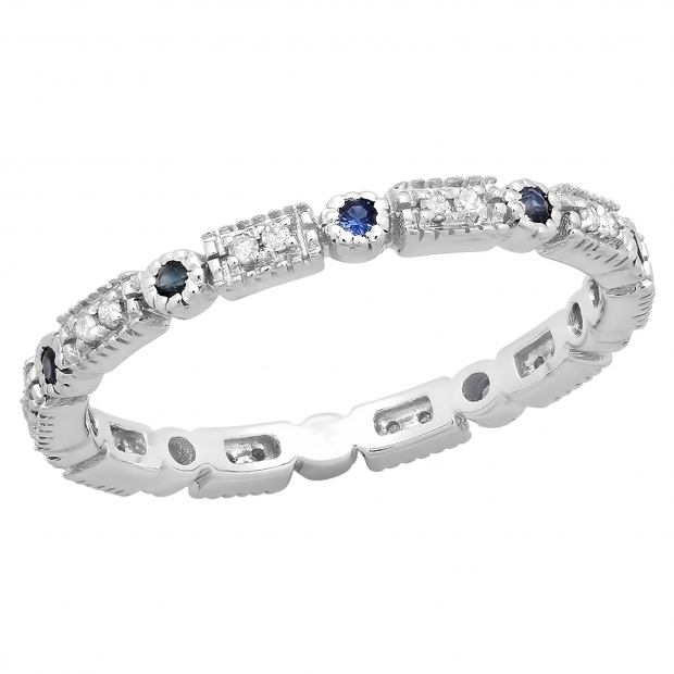 0.25 Carat (ctw) 14K White Gold Round Blue Sapphire And White Diamond Ladies Vintage Style Anniversary Wedding Eternity Band Stackable Ring 1/4 CT