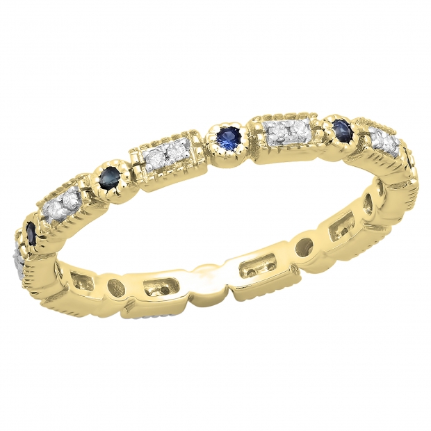 0.25 Carat (ctw) 18K Yellow Gold Round Blue Sapphire And White Diamond Ladies Vintage Style Anniversary Wedding Eternity Band Stackable Ring 1/4 CT