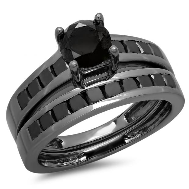 2.35 Carat (ctw) Black Rhodium Plated Sterling Silver Round & Princess Cut Black Diamond Ladies Bridal Engagement Ring With Matching Band Set