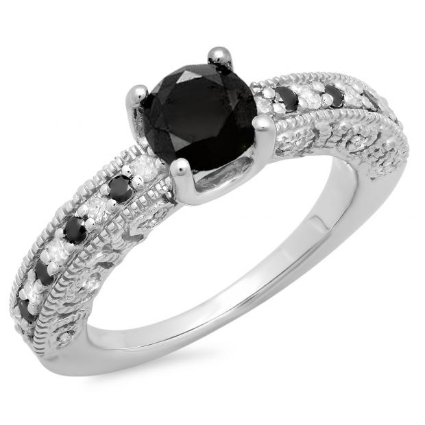 1.10 Carat (ctw) Sterling Silver Round Cut Black & White Diamond Ladies Bridal Vintage Style Engagement Ring