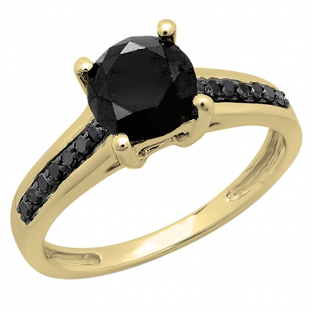 1.16 Carat (ctw) 14K Yellow Gold Round Cut Black Diamond Ladies Bridal Solitaire With Accents Engagement Ring