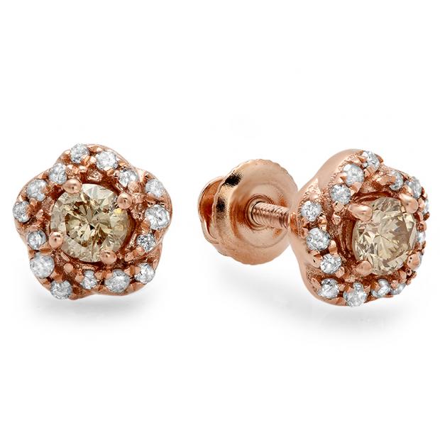 0.45 Carat (ctw) 10K Rose Gold Real Round Cut Champagne & White Diamond Ladies Cluster Halo Style Stud Earrings 1/2 CT