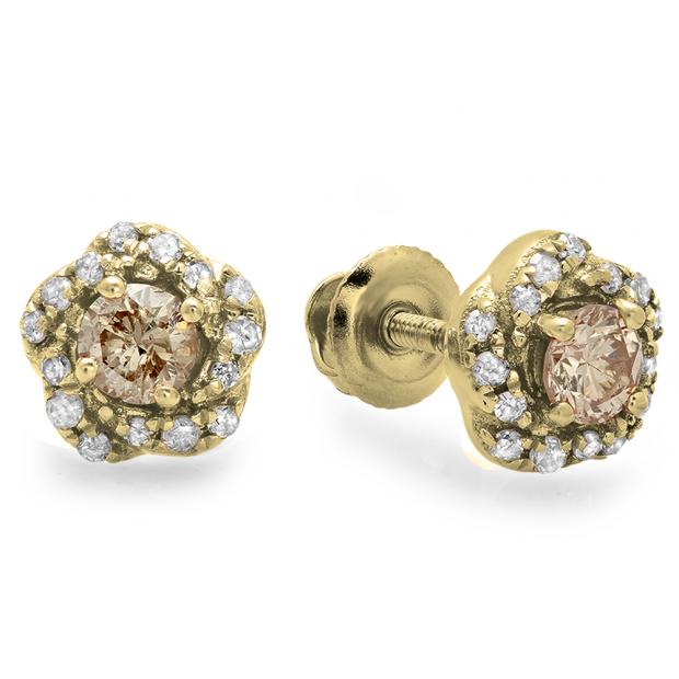 0.45 Carat (ctw) 10K Yellow Gold Real Round Cut Champagne & White Diamond Ladies Cluster Halo Style Stud Earrings 1/2 CT