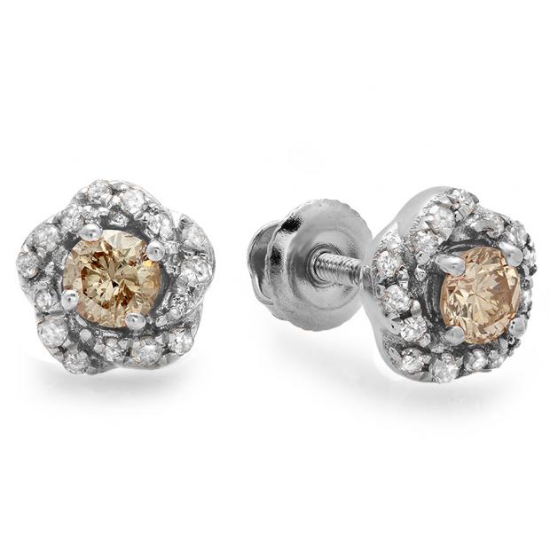 0.45 Carat (ctw) 14K White Gold Real Round Cut Champagne & White Diamond Ladies Cluster Halo Style Stud Earrings 1/2 CT