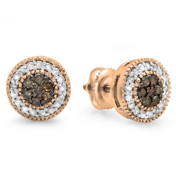 0.55 Carat (ctw) 10K Rose Gold Round Cut White & Champagne Diamond Ladies Cluster Stud Earrings 1/2 CT