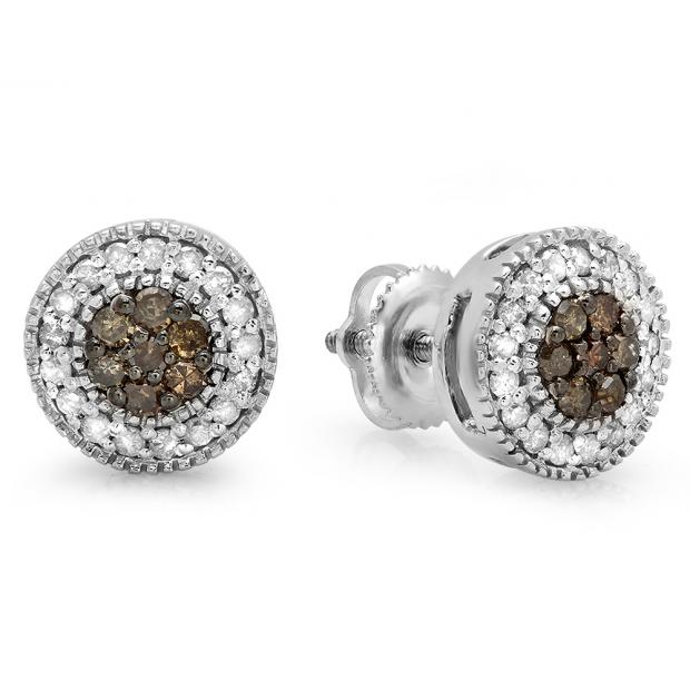 0.55 Carat (ctw) 14K White Gold Round Cut White & Champagne Diamond Ladies Cluster Stud Earrings 1/2 CT