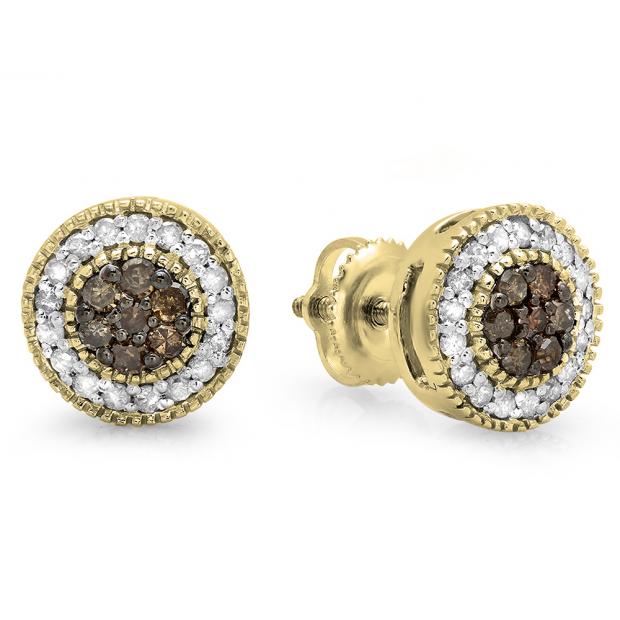 0.55 Carat (ctw) 18K Yellow Gold Round Cut White & Champagne Diamond Ladies Cluster Stud Earrings 1/2 CT