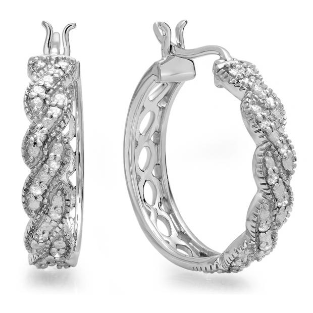 0.25 Carat (ctw) Sterling Silver Round White Round Diamond Ladies Hoop Earrings 1/4 CT