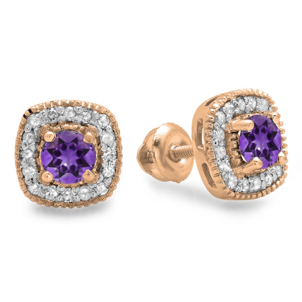 0.75 Carat (ctw) 14K Rose Gold Round Cut Amethyst & White Diamond Ladies Halo Stud Earrings 3/4 CT