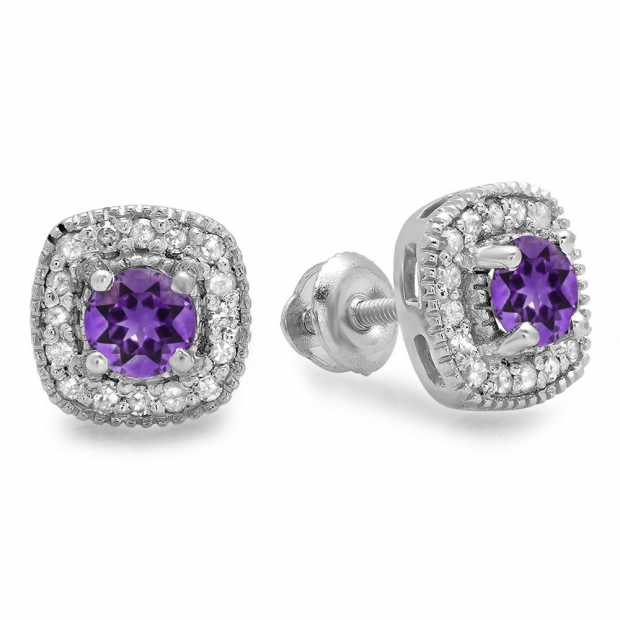 0.75 Carat (ctw) 14K White Gold Round Cut Amethyst & White Diamond Ladies Halo Stud Earrings 3/4 CT