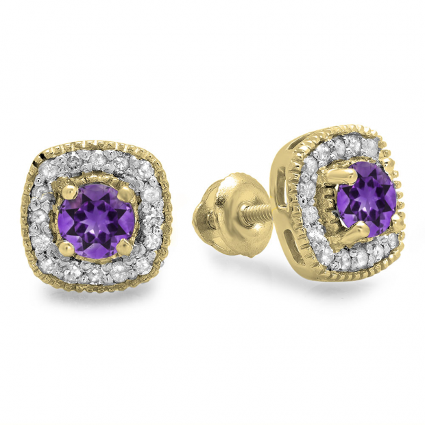 0.75 Carat (ctw) 14K Yellow Gold Round Cut Amethyst & White Diamond Ladies Halo Stud Earrings 3/4 CT