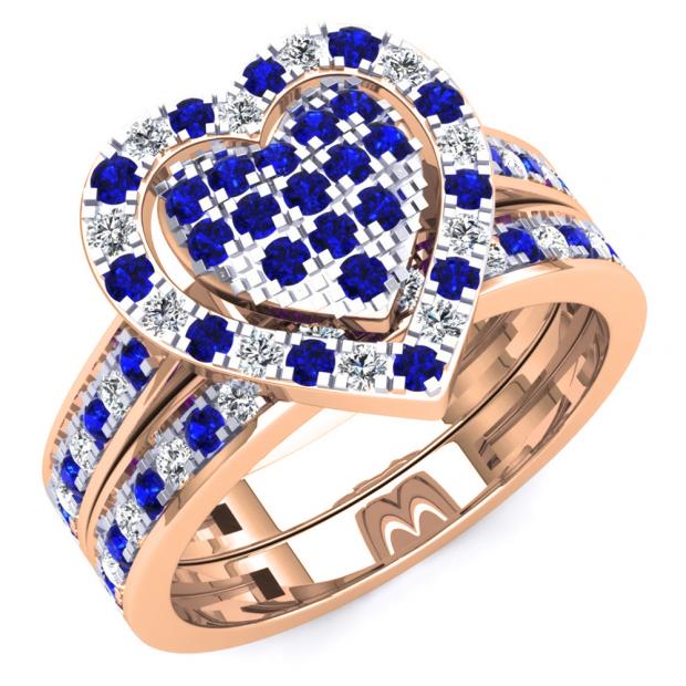 1.10 Carat (Ctw) 10K Rose Gold Round Cut Blue Sapphire & White Diamond Ladies Heart Shaped Bridal Engagement Ring With Matching Band Set 1 CT