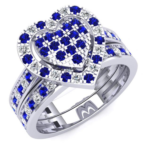 1.10 Carat (Ctw) 10K White Gold Round Cut Blue Sapphire & White Diamond Ladies Heart Shaped Bridal Engagement Ring With Matching Band Set 1 CT