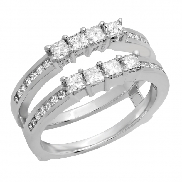0.90 Carat (ctw) 14K White Gold Princess Cut White Diamond Ladies Anniversary Wedding Band Enhancer Guard Double Ring