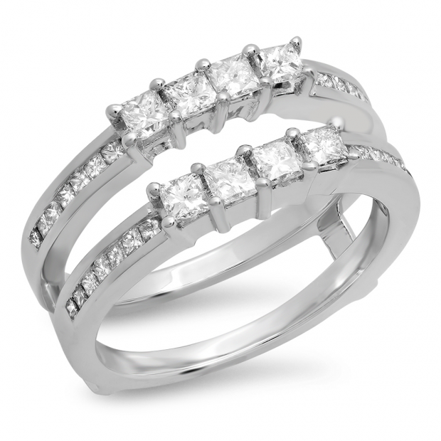 0.90 Carat (ctw) 18K White Gold Princess Cut White Diamond Ladies Anniversary Wedding Band Enhancer Guard Double Ring