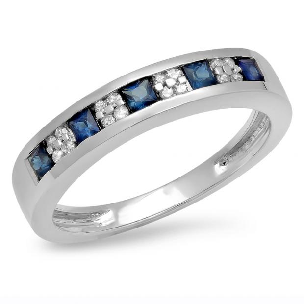 0.45 Carat (ctw) 10K White Gold Round & Princess Cut White Diamond & Blue Sapphire Ladies Anniversary Wedding Band Stackable Ring 1/2 CT