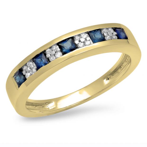 0.45 Carat (ctw) 10K Yellow Gold Round & Princess Cut White Diamond & Blue Sapphire Ladies Anniversary Wedding Band Stackable Ring 1/2 CT