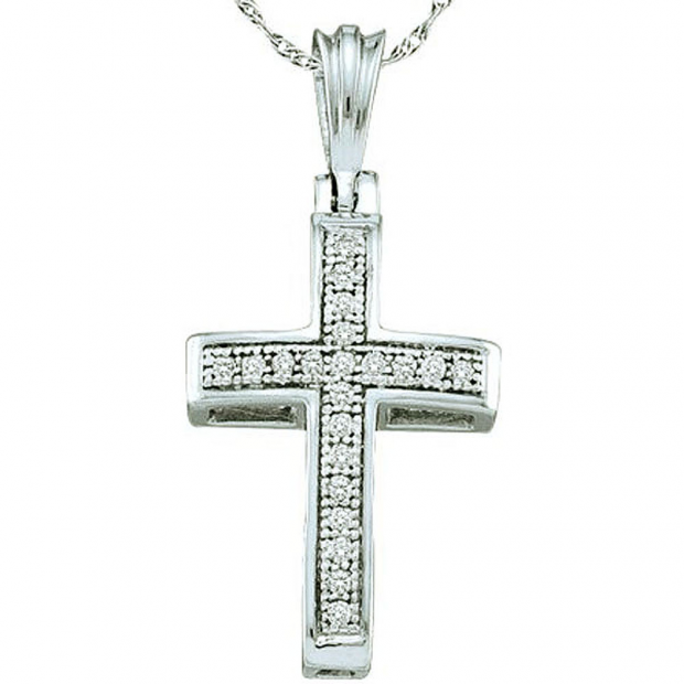 0.10 Carat (ctw) 14K White Gold Round White Diamond Ladies Micro Pave Religious Cross Pendant 1/10 CT