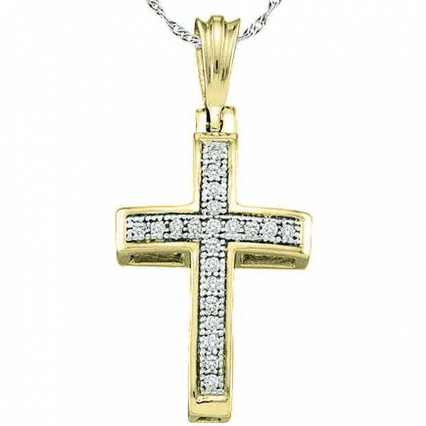 0.10 Carat (ctw) 14K Yellow Gold Round White Diamond Ladies Micro Pave Religious Cross Pendant 1/10 CT