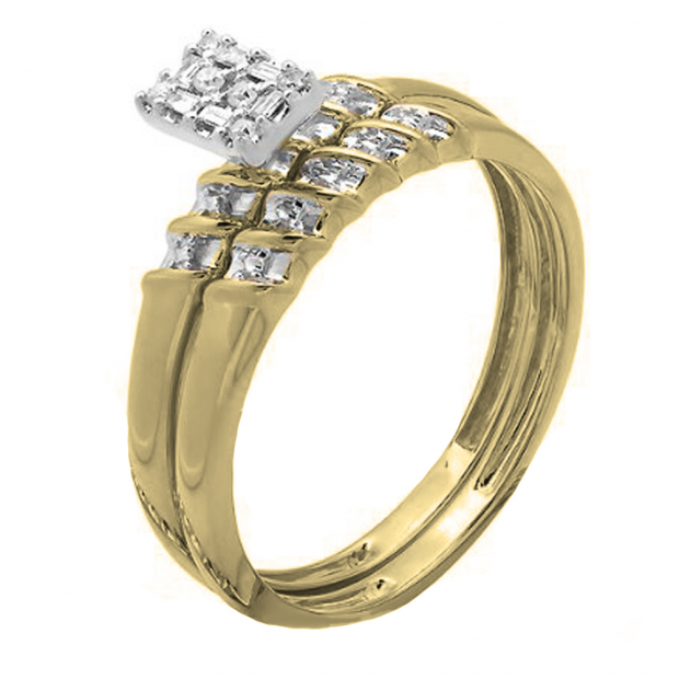 0.10 Carat (ctw) 18K Yellow Gold Round & Baguette Cut White Diamond Ladies Bridal Engagement Ring 1/10 CT
