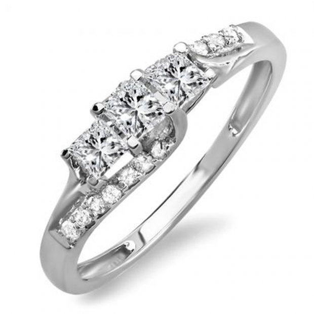 0.48 Carat (ctw) Platinum Princess & Round Diamond Ladies Bridal 3 Stone Swirl Wave Engagement Ring 1/2 CT
