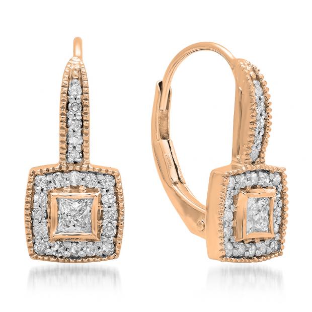 0.50 Carat (ctw) 18K Rose Gold Princess & Round Cut Diamond Ladies Cluster Halo Style Drop Earrings 1/2 CT