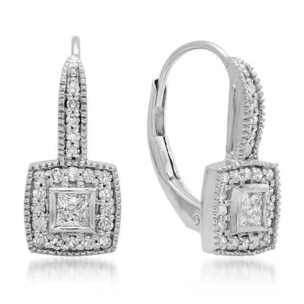 0.50 Carat (ctw) 18K White Gold Princess & Round Cut Diamond Ladies Cluster Halo Style Drop Earrings 1/2 CT