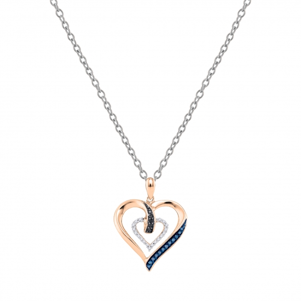 0.15 Carat (ctw) 14K Rose Gold Round Black Blue & White Diamond Ladies Fashion Double Heart Pendant