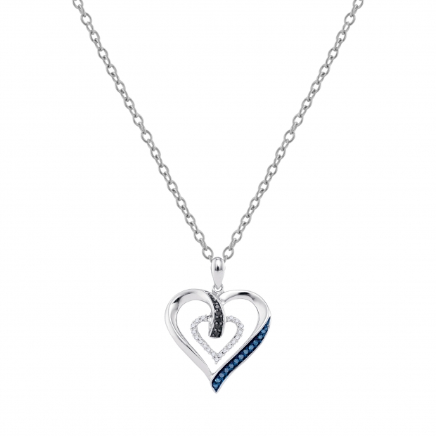 0.15 Carat (ctw) 18K White Gold Round Black Blue & White Diamond Ladies Fashion Double Heart Pendant