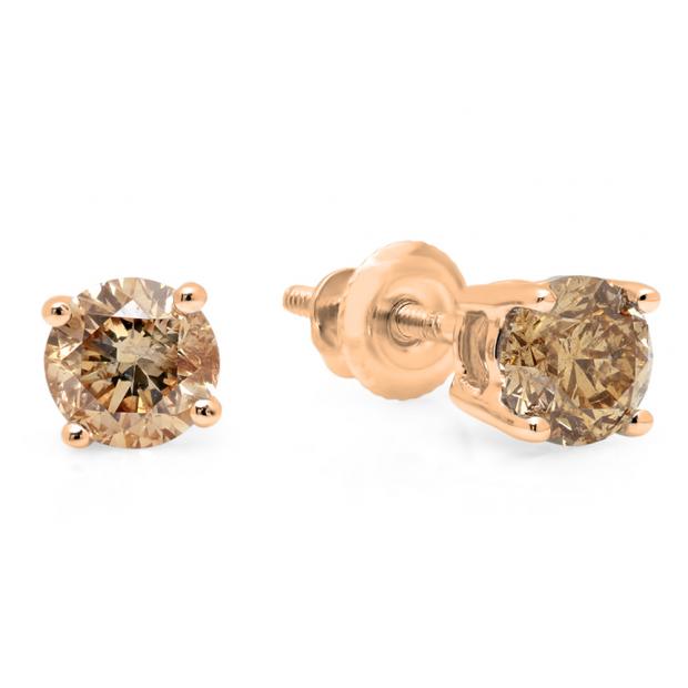 0.50 Carat (ctw) 18K Rose Gold Round Cut Champagne Diamond Ladies Stud Earrings 1/2 CT