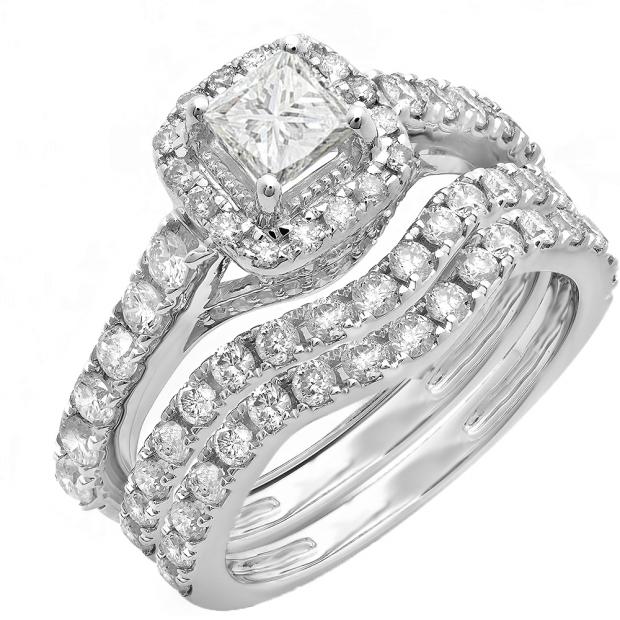 2.40 Carat (ctw) 14K White Gold Princess & Round Diamond Ladies Halo Style Bridal Engagement Ring With Matching Two Band Set