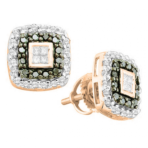 0.60 Carat (ctw) 10K Rose Gold Princess & Round Cut Black & White Diamond Ladies Fashion Stud Earrings