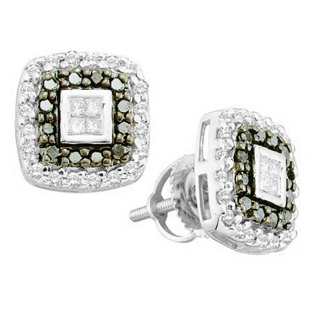 0.60 Carat (ctw) 10K White Gold Princess & Round Cut Black & White Diamond Ladies Fashion Stud Earrings