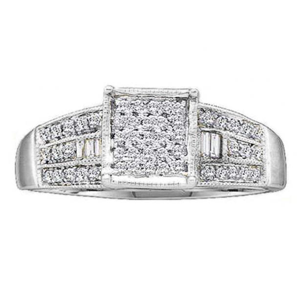 0.25 Carat (ctw) 18K White Gold Round & Baguette Cut White Diamond Ladies Micro Pave Promise Engagement Ring 1/4 CT