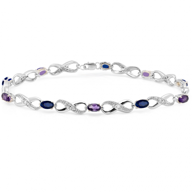 2.75 Carat (ctw) Sterling Silver Real Oval Cut CZ Blue Sapphire & Amethyst & Round Cut White Diamond Ladies Infinity Link Tennis Bracelet