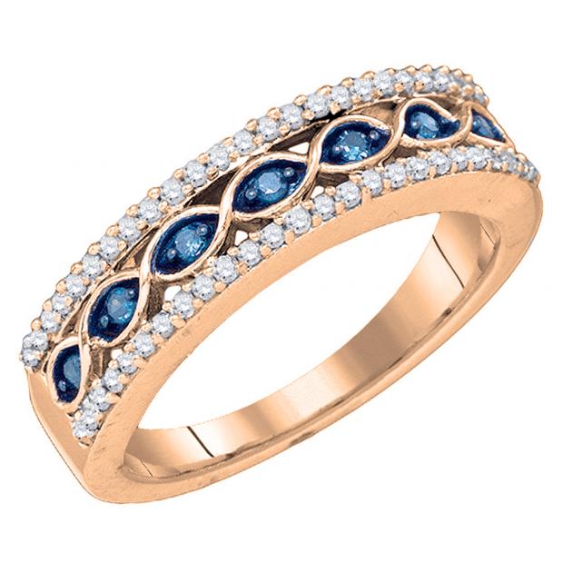 0.45 Carat (ctw) 10K Rose Gold Round Cut Blue & White Diamond Ladies Vintage Style Anniversary Wedding Band 1/2 CT