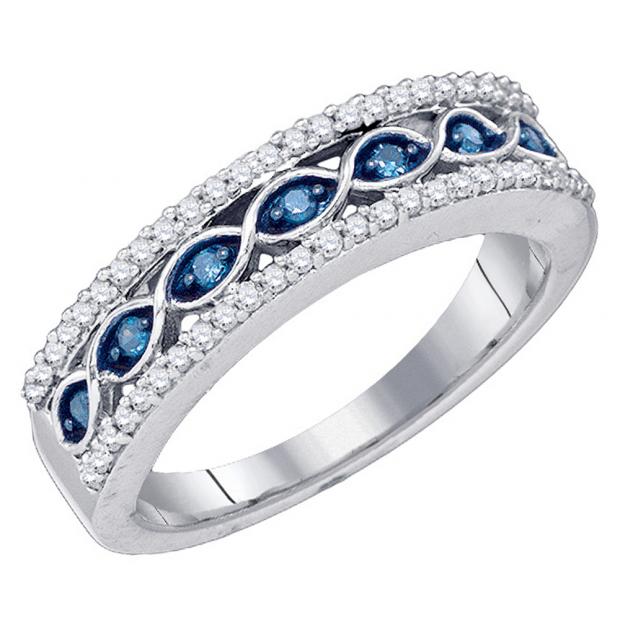 0.45 Carat (ctw) 10K White Gold Round Cut Blue & White Diamond Ladies Vintage Style Anniversary Wedding Band 1/2 CT