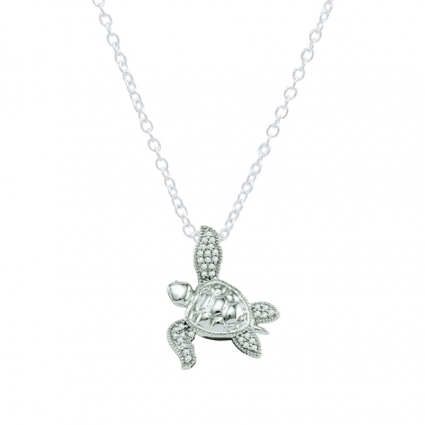 0.12 Carat (ctw) 10K White Gold Round Diamond Ladies Sea Turtle Pendant (Silver Chain Included)