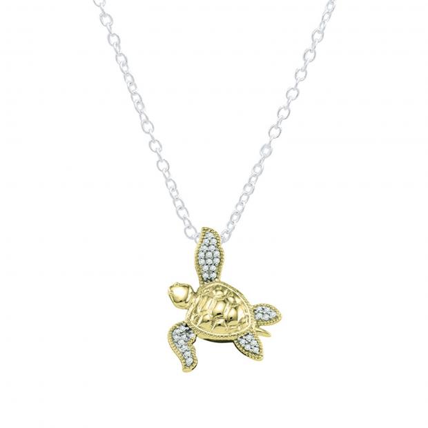 0.12 Carat (ctw) 18K Yellow Gold Round Diamond Ladies Sea Turtle Pendant (Silver Chain Included)