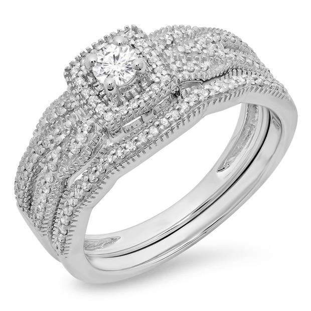 0.45 Carat (ctw) 10K White Gold Round Cut Diamond Ladies Bridal Halo Engagement Ring With Matching Band Set 1/2 CT
