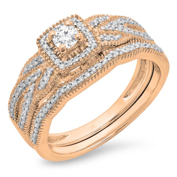 0.45 Carat (ctw) 14K Rose Gold Round Cut Diamond Ladies Bridal Halo Engagement Ring With Matching Band Set 1/2 CT