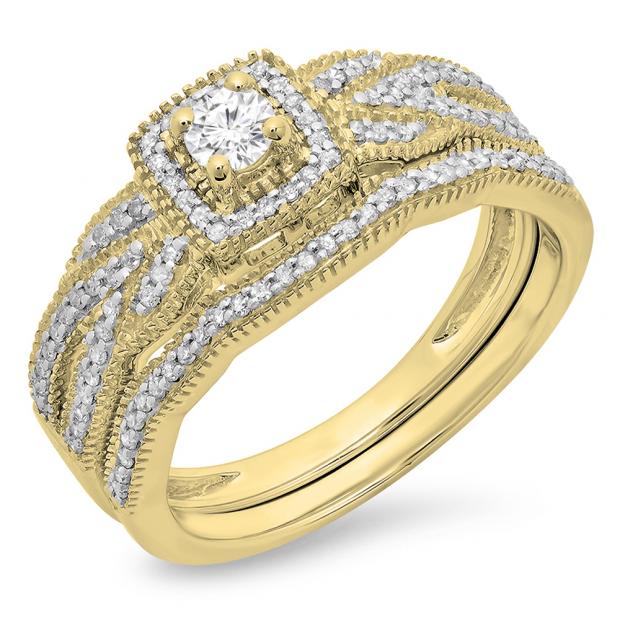 0.45 Carat (ctw) 14K Yellow Gold Round Cut Diamond Ladies Bridal Halo Engagement Ring With Matching Band Set 1/2 CT