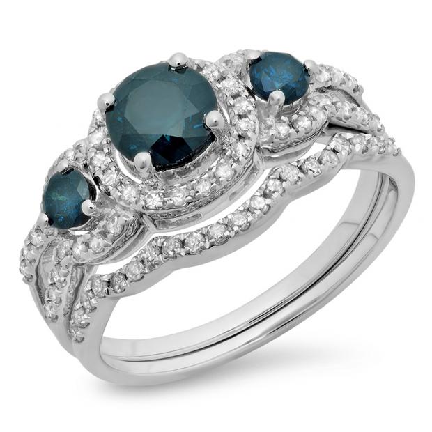 1.40 Carat (ctw) 10K White Gold Round Blue & White Diamond Ladies 3 Stone Halo Bridal Engagement Ring With Matching Band Set