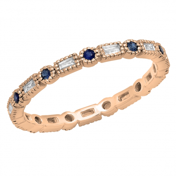 0.40 Carat (ctw) 10K Rose Gold Round & Baguette Blue Sapphire & White Diamond Ladies Vintage Style Anniversary Wedding Eternity Band Stackable Ring