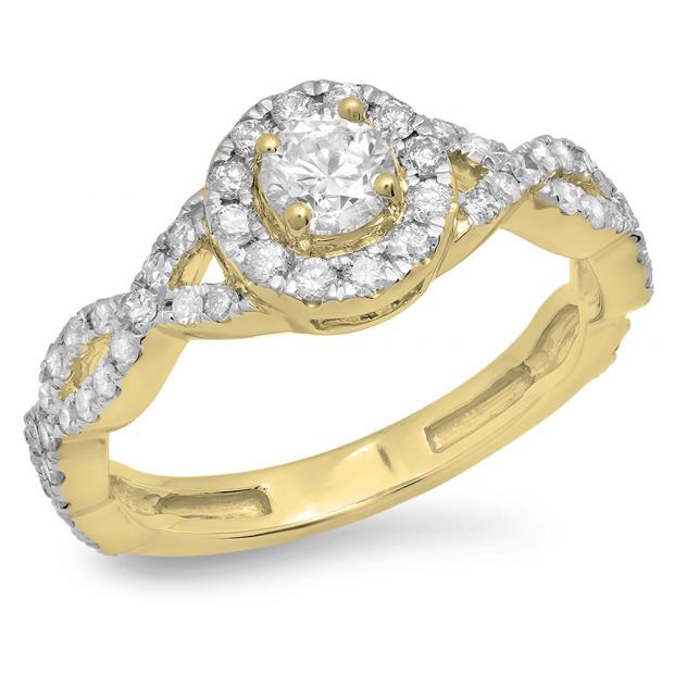 0.90 Carat (ctw) 18K Yellow Gold Round White Diamond Ladies Swirl Split Shank Bridal Halo Engagement Ring