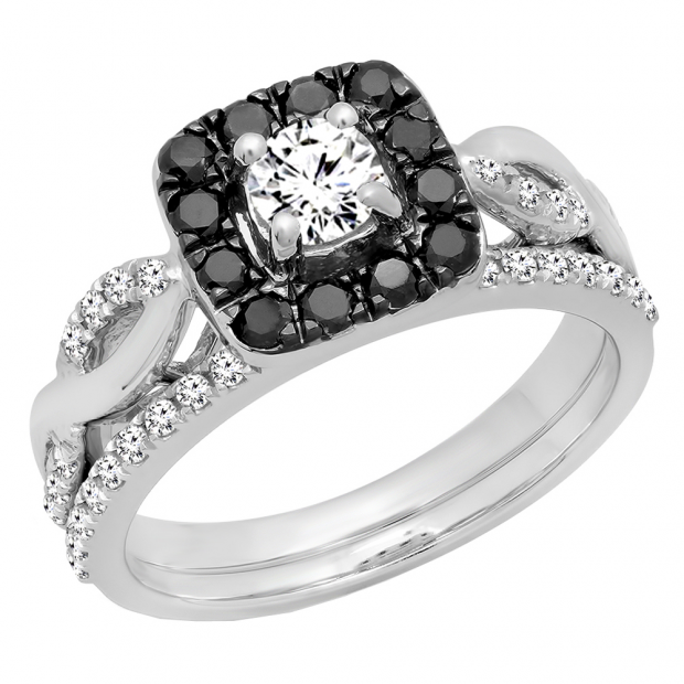1.00 Carat (ctw) 10K White Gold Round Cut Black & White Diamond Ladies Swirl Split Shank Halo Bridal Engagement Ring With Matching Band Set 1 CT